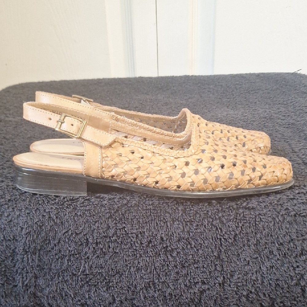 Trotters Tan Leather Woven Slingback Flats-9N-Camel Tan - Picture 7 of 10